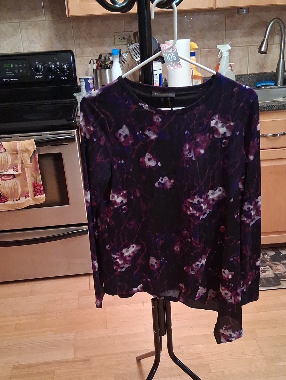 Donna Karan Black Long Sleeve Top with Purple Floral Motif